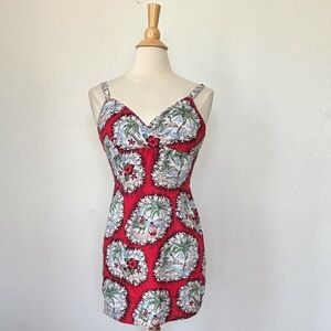 Vintage 90s Y2K Red Sleeveless V-Neck Vacation Mini Dress